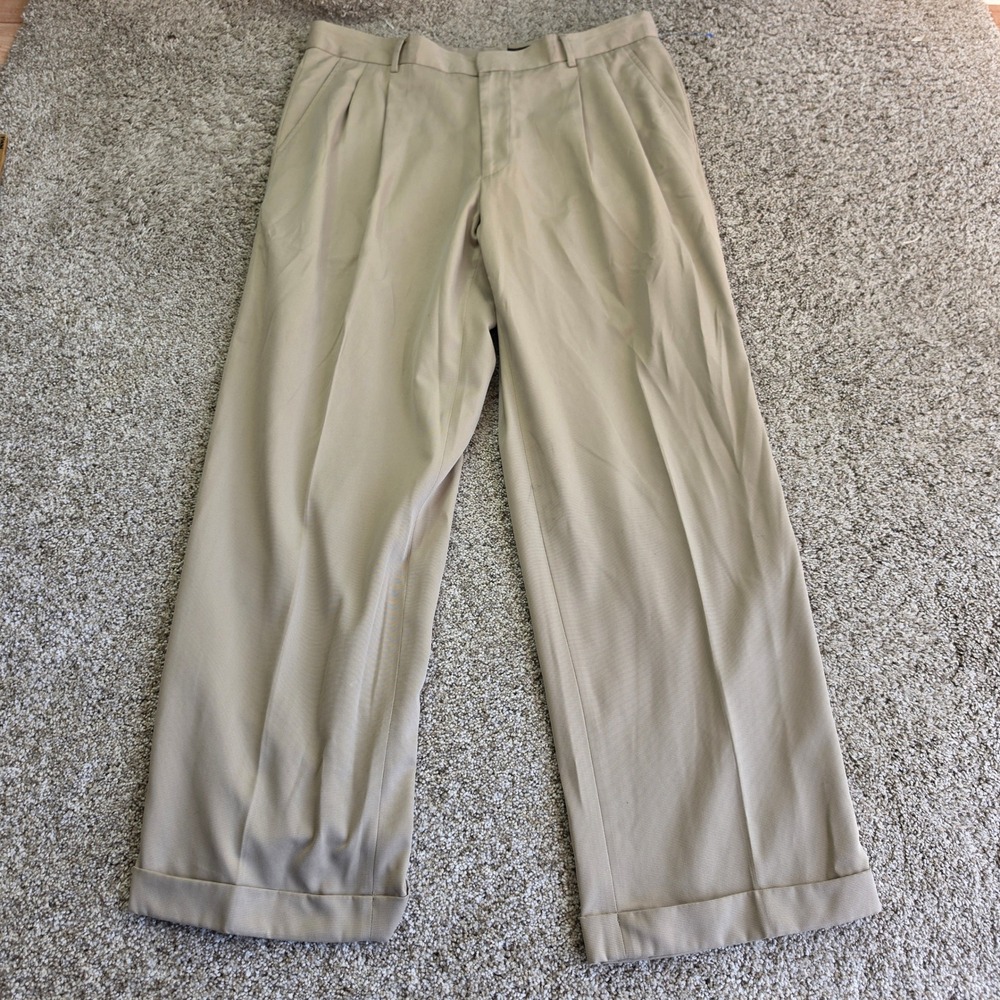 Greg Norman Pleated Dress Pants Mens 36x30 Tan Khaki Microfiber Golf Cuffed